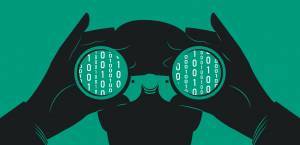 A stylized illustration of a person looking through binoculars filled with binary code, representing digital surveillance or data observation.