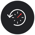 Stylized black and white stopwatch with a red hand.