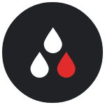 Stylized black and white icon of droplets, one droplet is red.