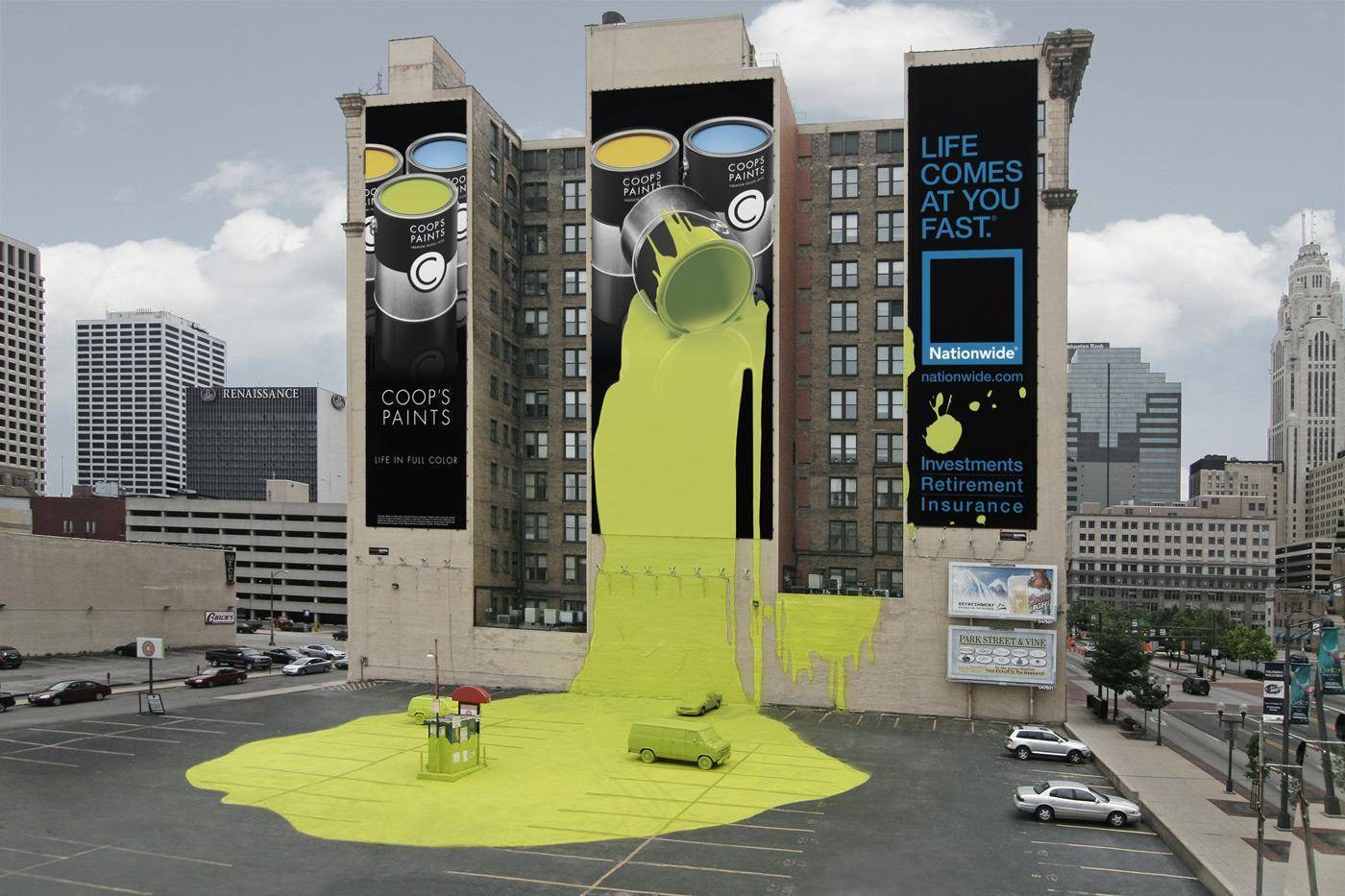 Billboard of paint spills onto parking lot