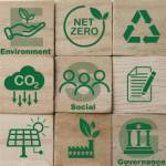 Icons on blocks representing different aspects of coping with climate change