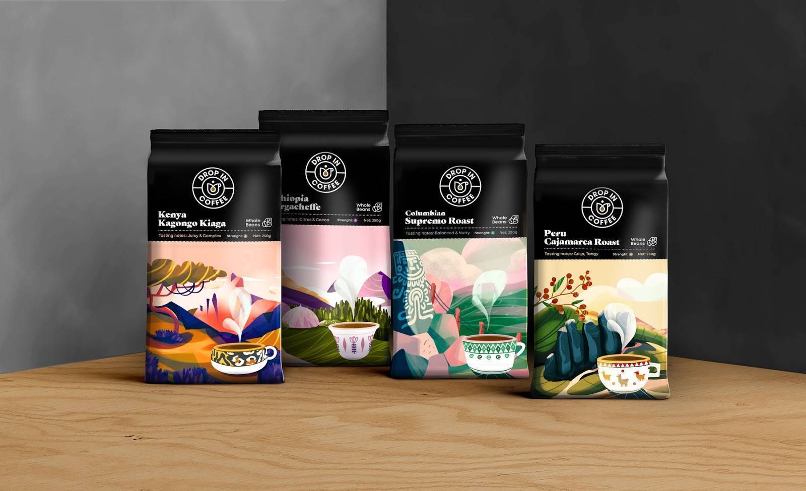 coffee packaging design by forma station for dropin coffee brand