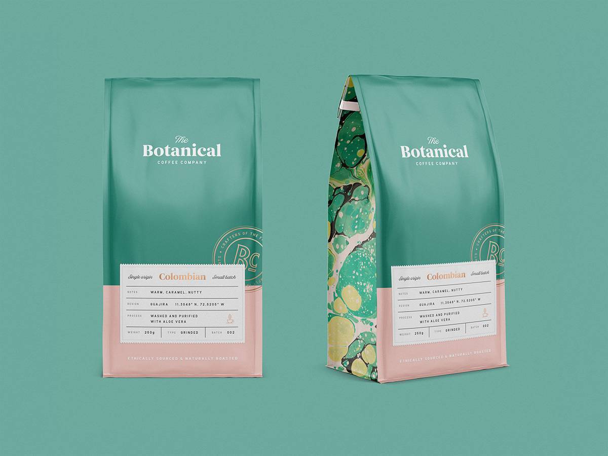 coffee packaging design by green cameleon for botanical coffee brand