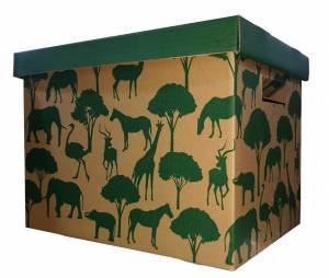 green animals and trees printed on brown corrugated cardboard box