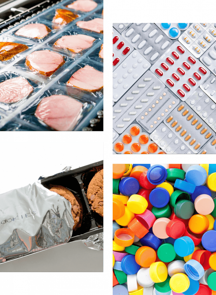 Collage of sigma printed items foil packaging, food packaging, blister packaging